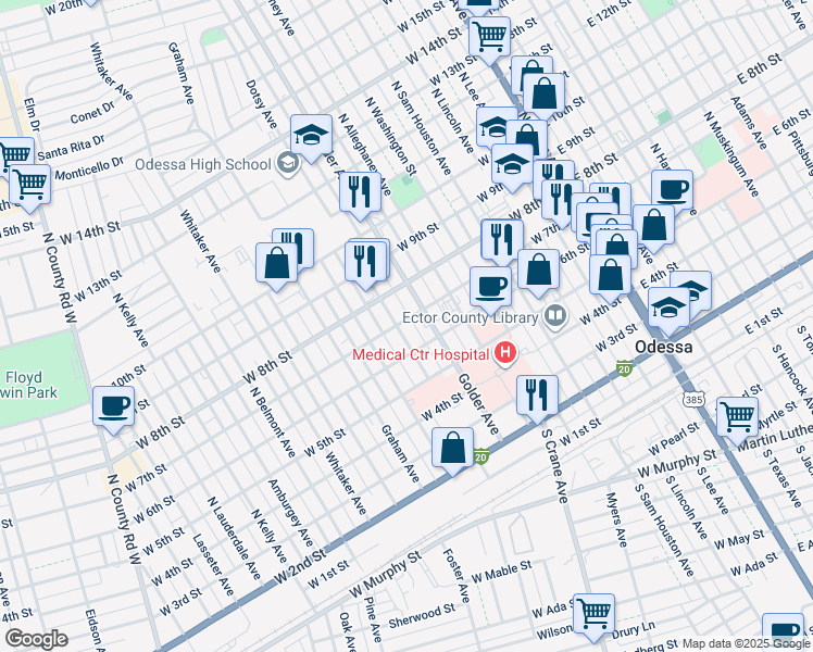 map of restaurants, bars, coffee shops, grocery stores, and more near 622 Dotsy Avenue in Odessa