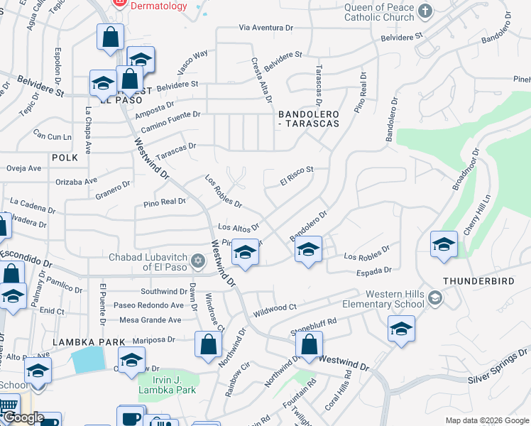 map of restaurants, bars, coffee shops, grocery stores, and more near 6361 Los Robles Drive in El Paso