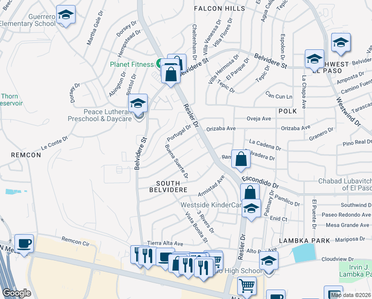 map of restaurants, bars, coffee shops, grocery stores, and more near 7133 Gran Vida Drive in El Paso