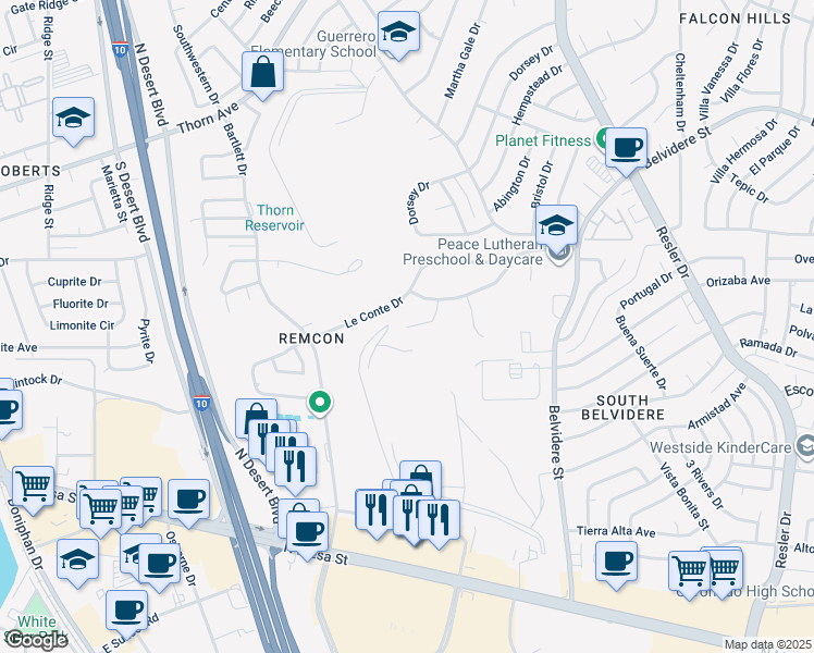 map of restaurants, bars, coffee shops, grocery stores, and more near 500 Russett Lane in El Paso
