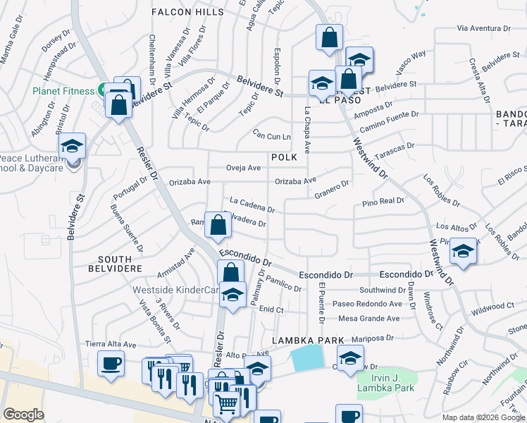 map of restaurants, bars, coffee shops, grocery stores, and more near 433 Palmary Drive in El Paso