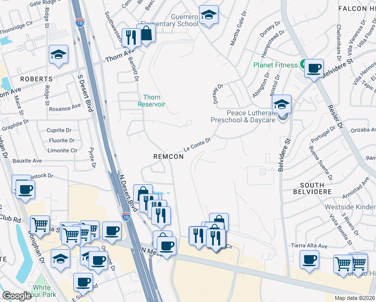 map of restaurants, bars, coffee shops, grocery stores, and more near 7556B Le Conte Drive in El Paso