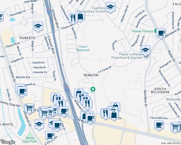 map of restaurants, bars, coffee shops, grocery stores, and more near 7577B Le Conte Drive in El Paso