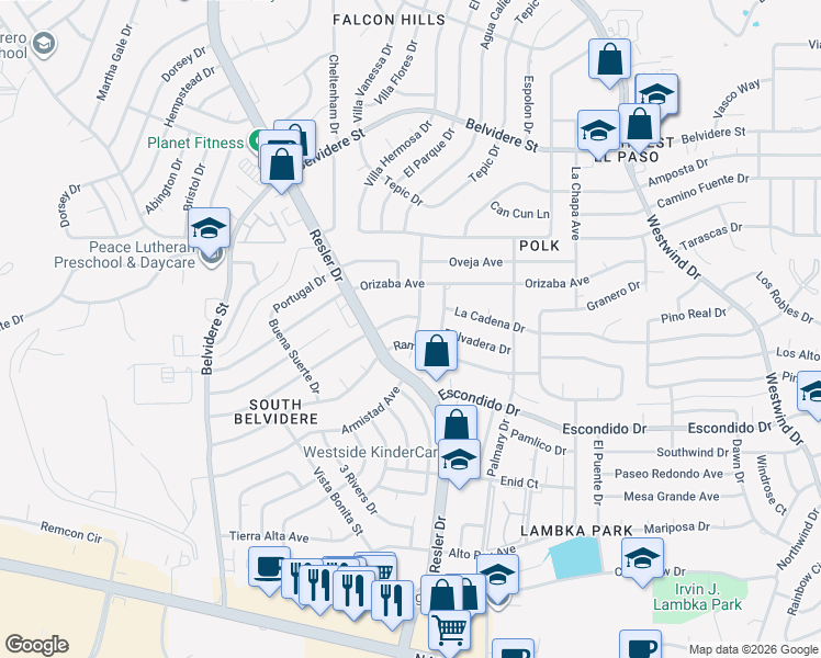 map of restaurants, bars, coffee shops, grocery stores, and more near 405 Queretaro Drive in El Paso