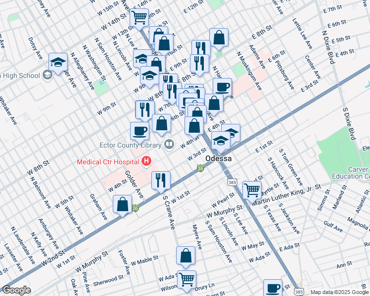 map of restaurants, bars, coffee shops, grocery stores, and more near 219 West 4th Street in Odessa
