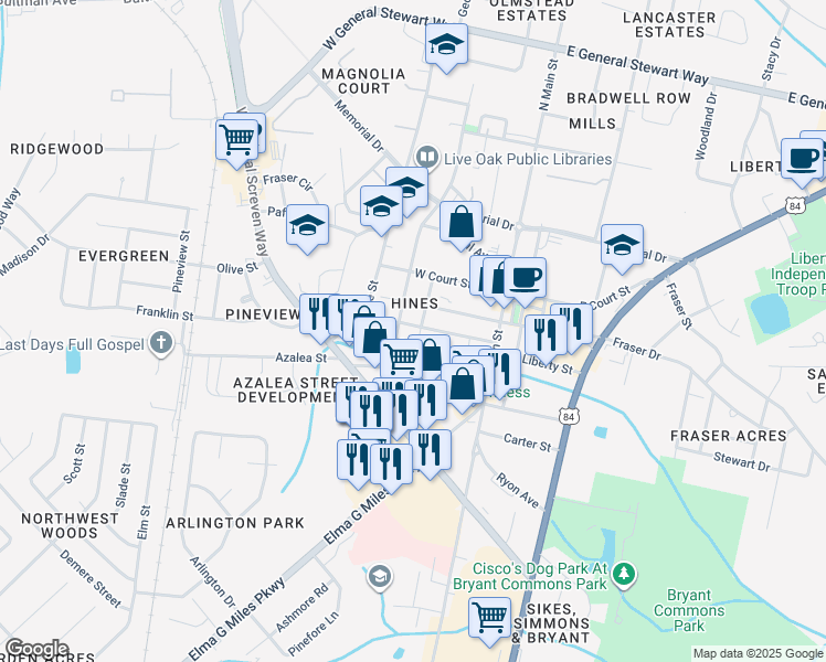 map of restaurants, bars, coffee shops, grocery stores, and more near 205 Bagley Avenue in Hinesville