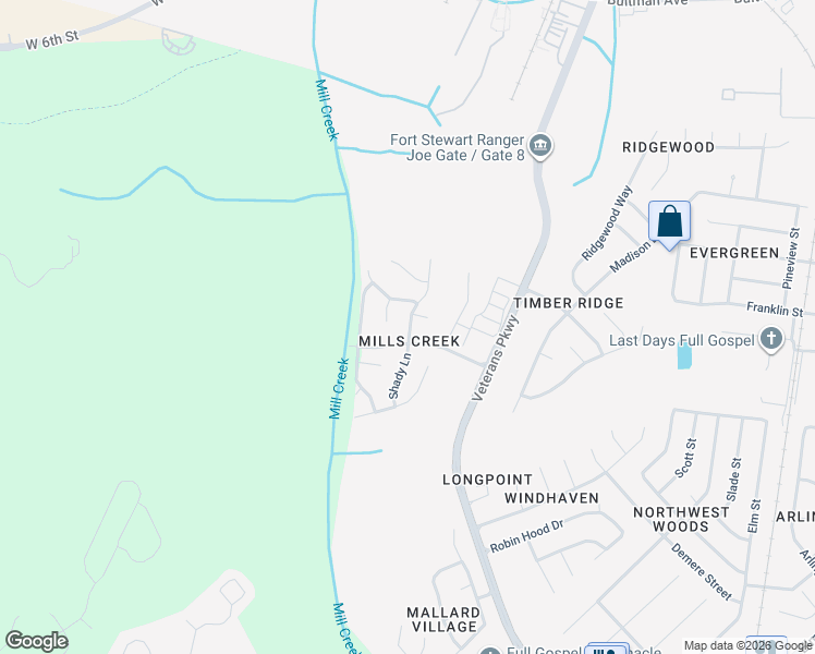 map of restaurants, bars, coffee shops, grocery stores, and more near 954 Shady Lane in Hinesville