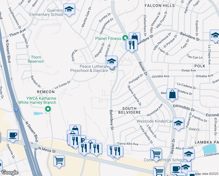 map of restaurants, bars, coffee shops, grocery stores, and more near 521 Belvidere Street in El Paso