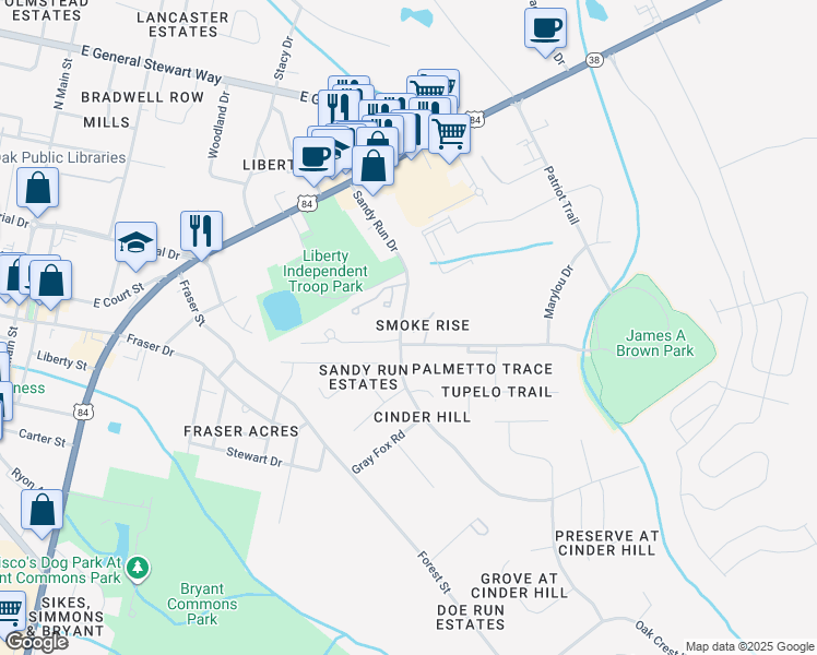 map of restaurants, bars, coffee shops, grocery stores, and more near 601 Tupelo Trail in Hinesville