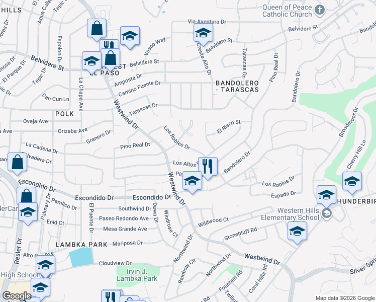map of restaurants, bars, coffee shops, grocery stores, and more near 6380 Los Robles Drive in El Paso