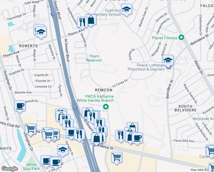 map of restaurants, bars, coffee shops, grocery stores, and more near 7577B Le Conte Drive in El Paso
