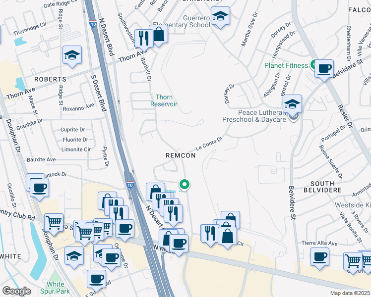 map of restaurants, bars, coffee shops, grocery stores, and more near 7577B Le Conte Drive in El Paso