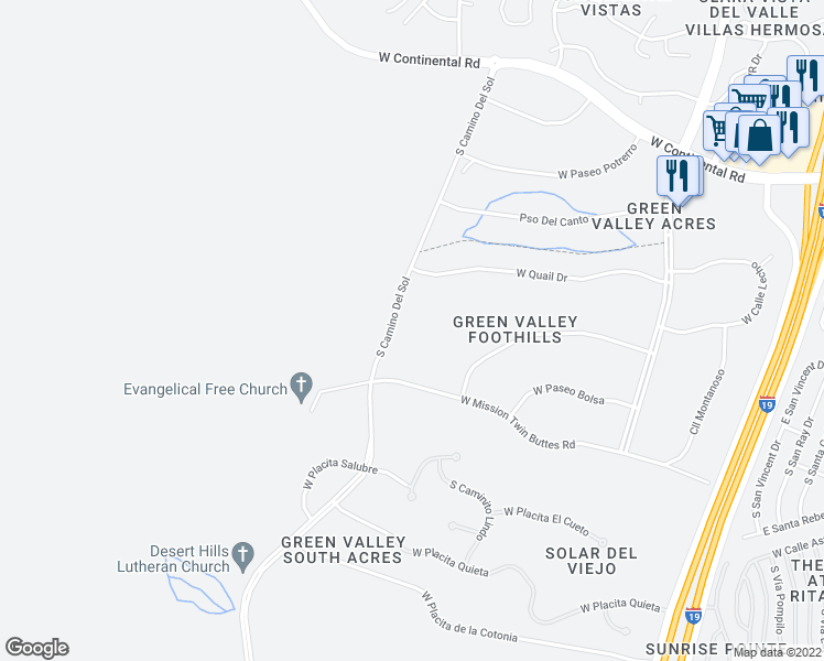 map of restaurants, bars, coffee shops, grocery stores, and more near Vía De La Gloria in Green Valley