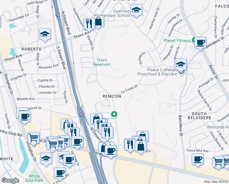 map of restaurants, bars, coffee shops, grocery stores, and more near 7577B Le Conte Drive in El Paso