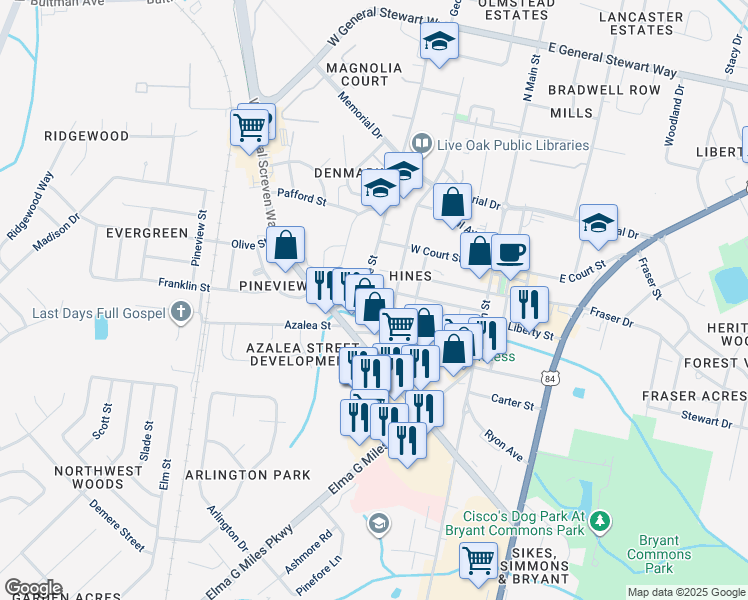 map of restaurants, bars, coffee shops, grocery stores, and more near 286 Pleasant Street in Hinesville