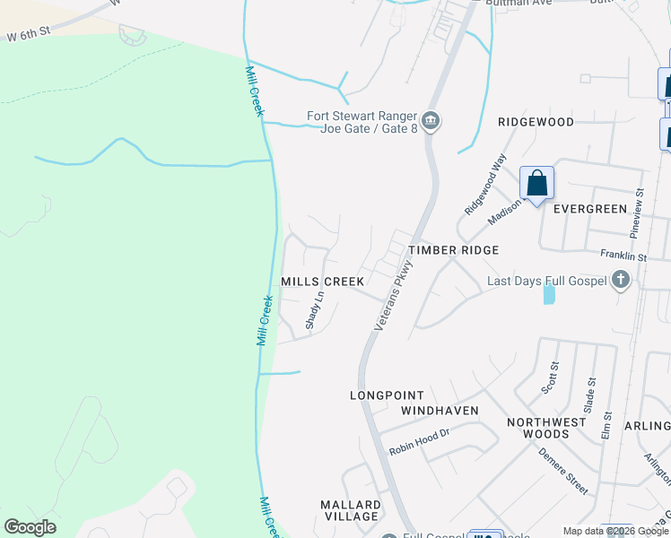 map of restaurants, bars, coffee shops, grocery stores, and more near 954 Shady Lane in Hinesville