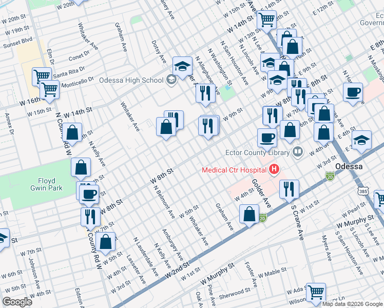map of restaurants, bars, coffee shops, grocery stores, and more near 800 Graham Avenue in Odessa
