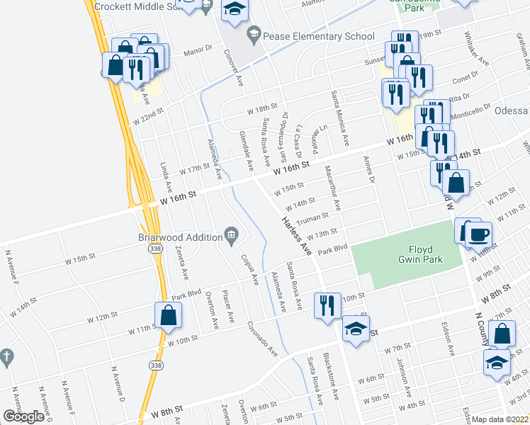 map of restaurants, bars, coffee shops, grocery stores, and more near 1401 Harless Avenue in Odessa