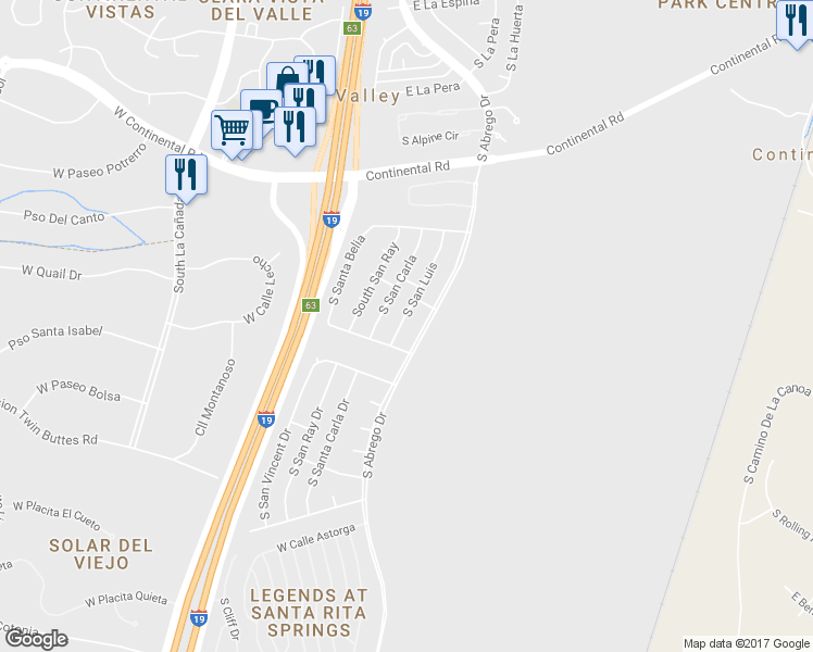 map of restaurants, bars, coffee shops, grocery stores, and more near 1641 South San Luis in Green Valley