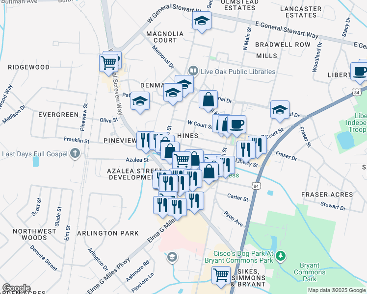 map of restaurants, bars, coffee shops, grocery stores, and more near 205 Bagley Avenue in Hinesville