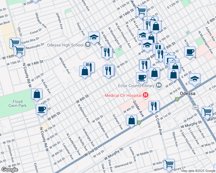 map of restaurants, bars, coffee shops, grocery stores, and more near 716 Bernice Avenue in Odessa