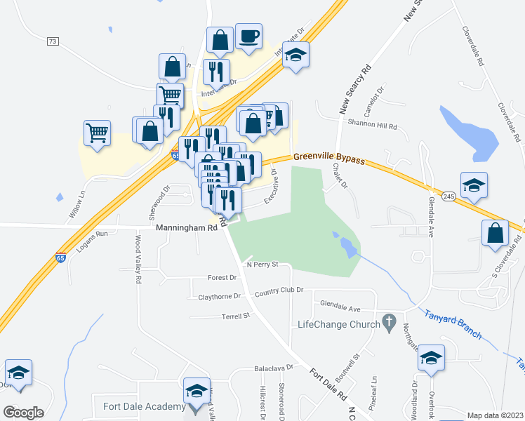 map of restaurants, bars, coffee shops, grocery stores, and more near 270 Executive Drive in Greenville