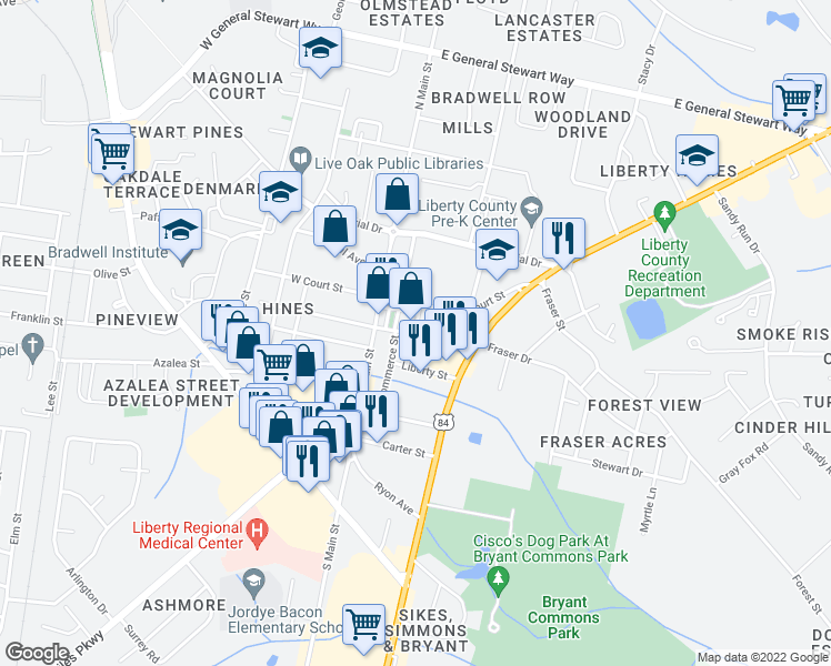 map of restaurants, bars, coffee shops, grocery stores, and more near East M L King Junior Drive in Hinesville