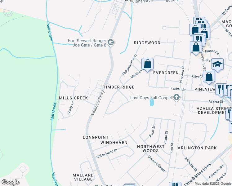 map of restaurants, bars, coffee shops, grocery stores, and more near 773 Madison Drive in Hinesville