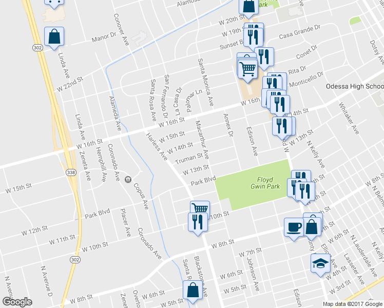 map of restaurants, bars, coffee shops, grocery stores, and more near 2410 Truman St in Odessa
