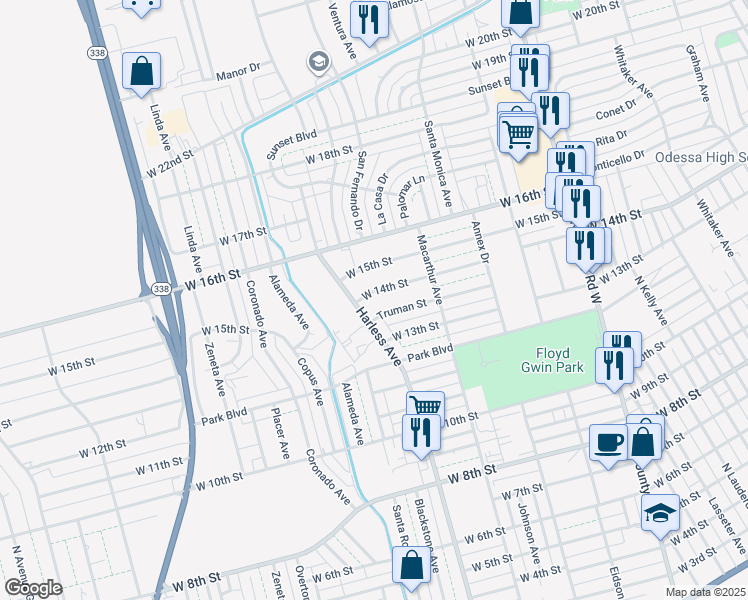map of restaurants, bars, coffee shops, grocery stores, and more near 2435 West 14th Street in Odessa