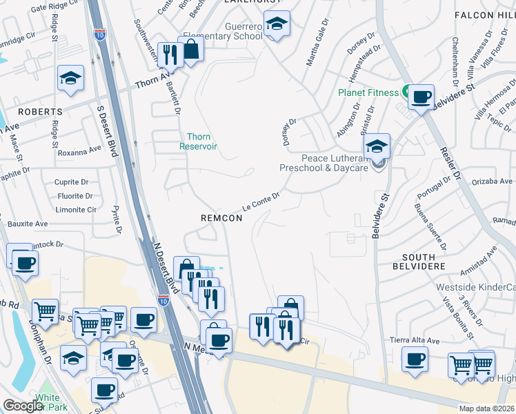 map of restaurants, bars, coffee shops, grocery stores, and more near 7556B Le Conte Drive in El Paso