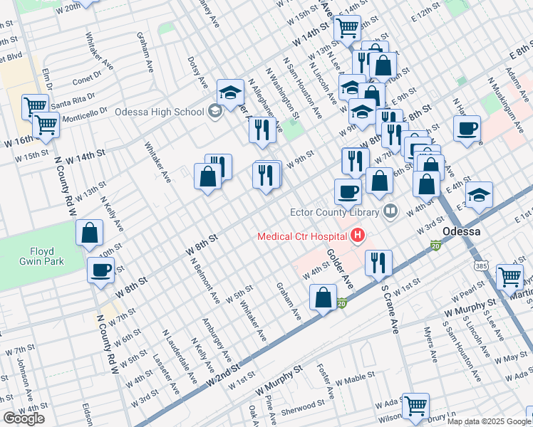 map of restaurants, bars, coffee shops, grocery stores, and more near 716 Bernice Ave in Odessa
