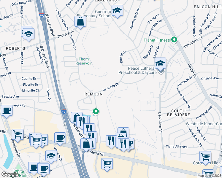 map of restaurants, bars, coffee shops, grocery stores, and more near 500 Russett Lane in El Paso