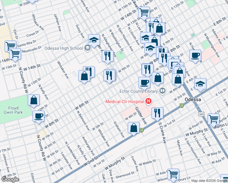 map of restaurants, bars, coffee shops, grocery stores, and more near 716 Bernice Ave in Odessa