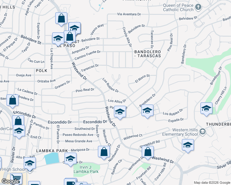 map of restaurants, bars, coffee shops, grocery stores, and more near 6380 Los Robles Drive in El Paso