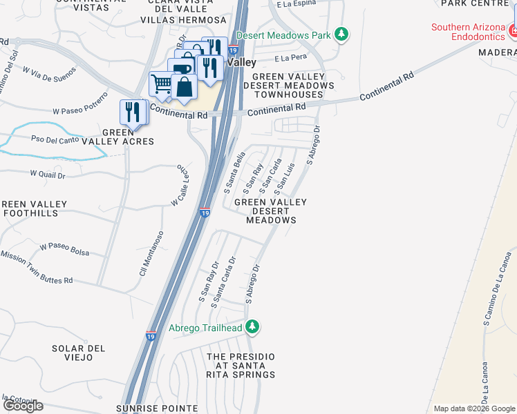 map of restaurants, bars, coffee shops, grocery stores, and more near 1641 South San Luis in Green Valley