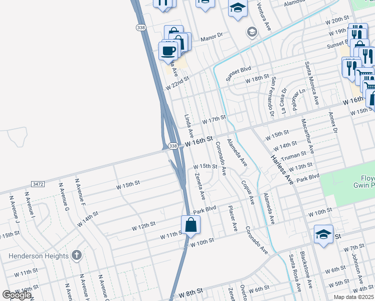 map of restaurants, bars, coffee shops, grocery stores, and more near 1529 Zeneta Avenue in Odessa