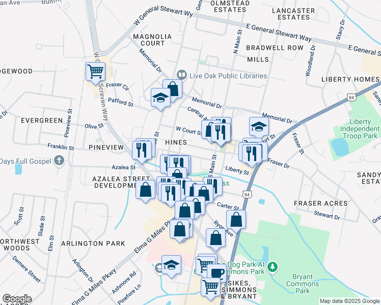 map of restaurants, bars, coffee shops, grocery stores, and more near 118 Bagley Avenue in Hinesville