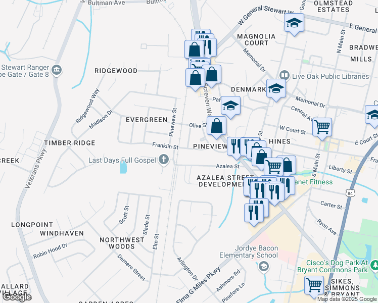 map of restaurants, bars, coffee shops, grocery stores, and more near 514 Franklin Street in Hinesville