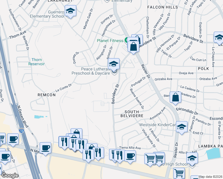 map of restaurants, bars, coffee shops, grocery stores, and more near 521 Green Village Court in El Paso