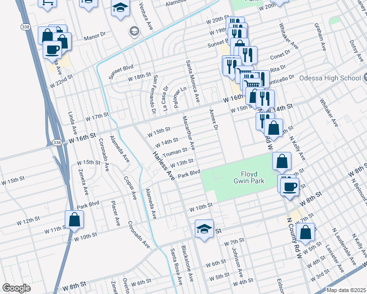 map of restaurants, bars, coffee shops, grocery stores, and more near 2410 Truman Street in Odessa