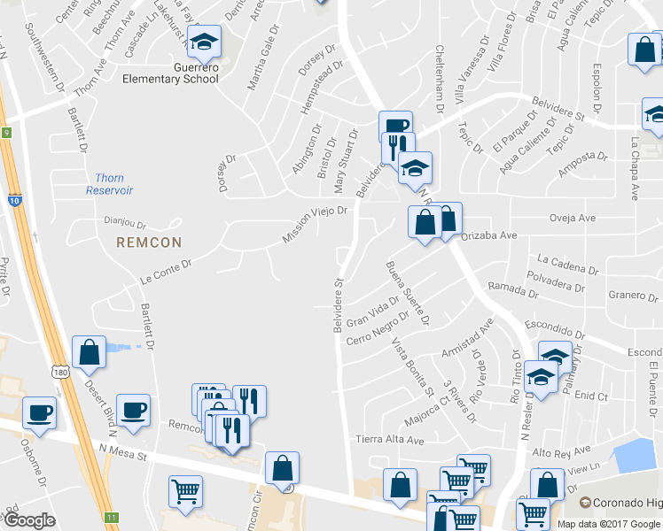 map of restaurants, bars, coffee shops, grocery stores, and more near 521 Belvidere Street in El Paso