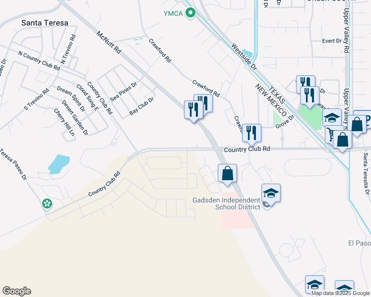 map of restaurants, bars, coffee shops, grocery stores, and more near 1305 Country Club Road in Santa Teresa