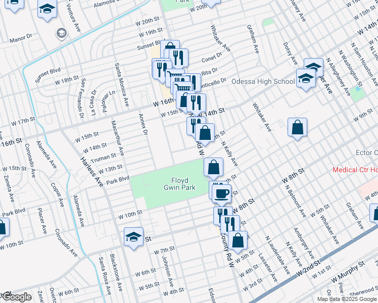map of restaurants, bars, coffee shops, grocery stores, and more near 1709 West 13th Street in Odessa