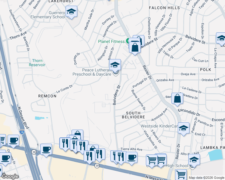 map of restaurants, bars, coffee shops, grocery stores, and more near 521 Belvidere Street in El Paso