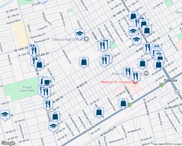 map of restaurants, bars, coffee shops, grocery stores, and more near 800 Graham Avenue in Odessa