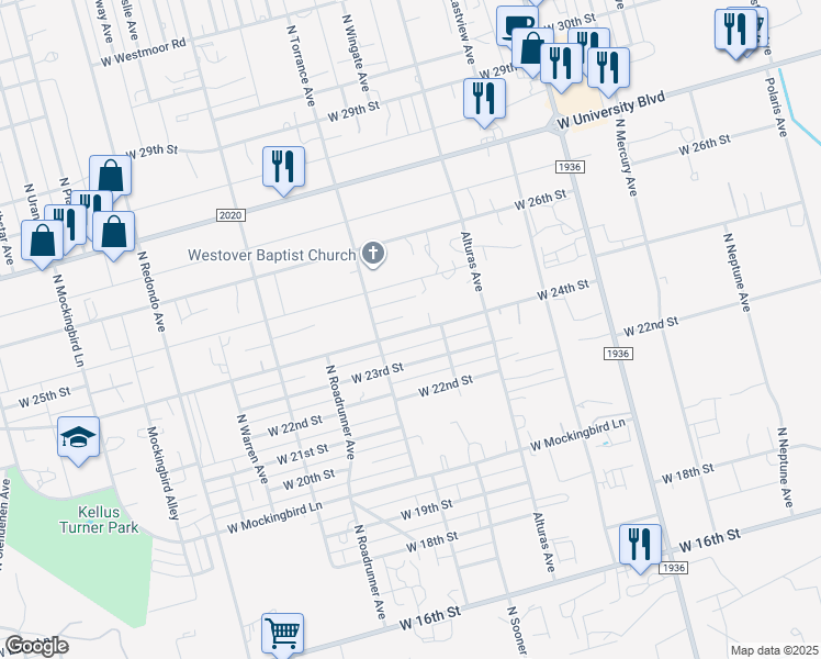 map of restaurants, bars, coffee shops, grocery stores, and more near 6732 West 24th Street in Odessa