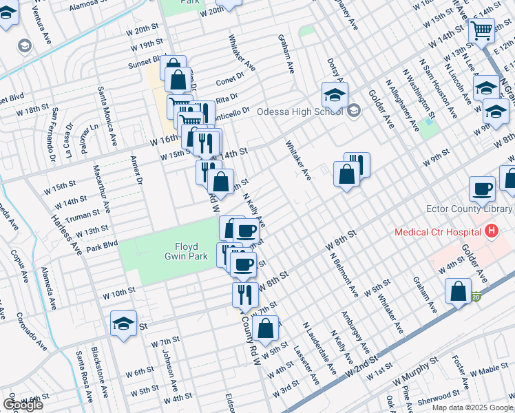 map of restaurants, bars, coffee shops, grocery stores, and more near 1415 West 12th Street in Odessa