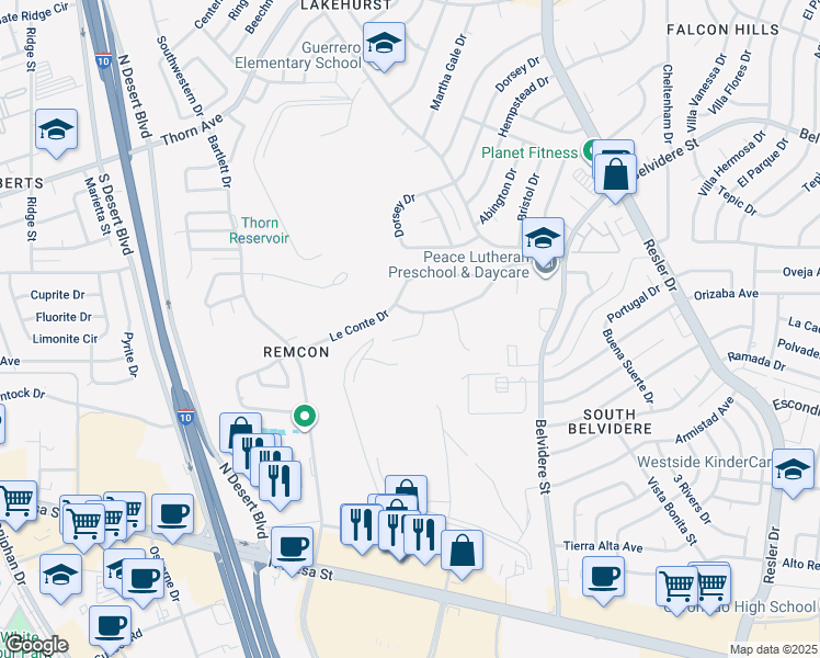 map of restaurants, bars, coffee shops, grocery stores, and more near 521 Russett Lane in El Paso