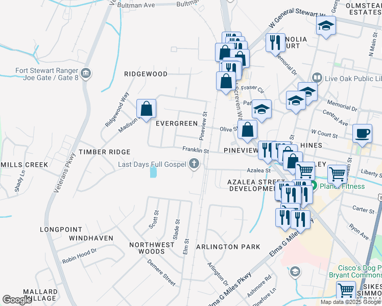 map of restaurants, bars, coffee shops, grocery stores, and more near 621 Azalea Street in Hinesville